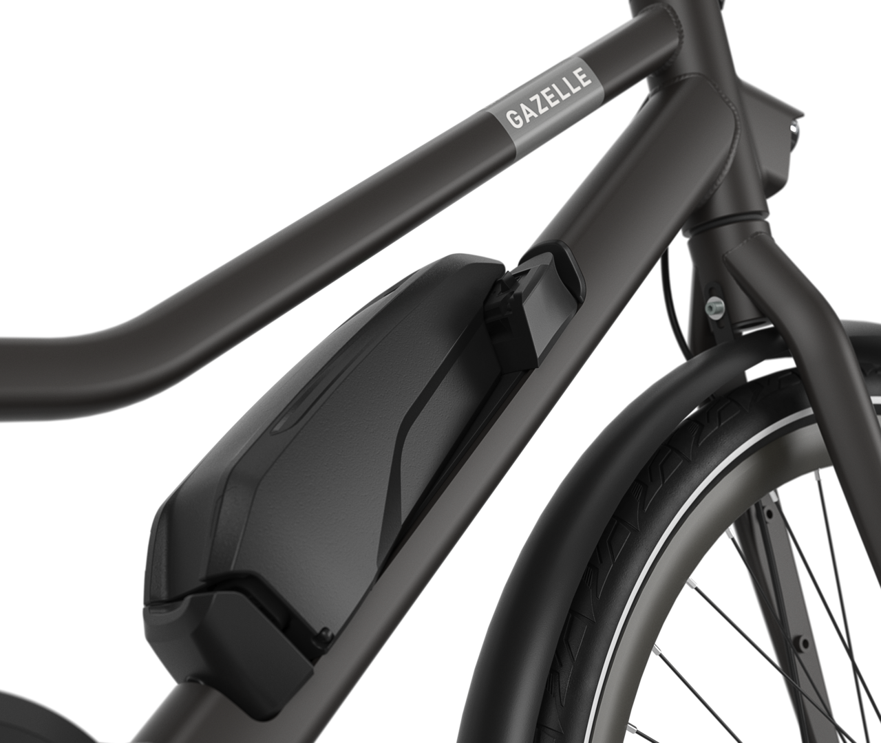 An intelligent battery on the down tube Gazelle Esprit C7 HMS E-bike low-step space anthracite