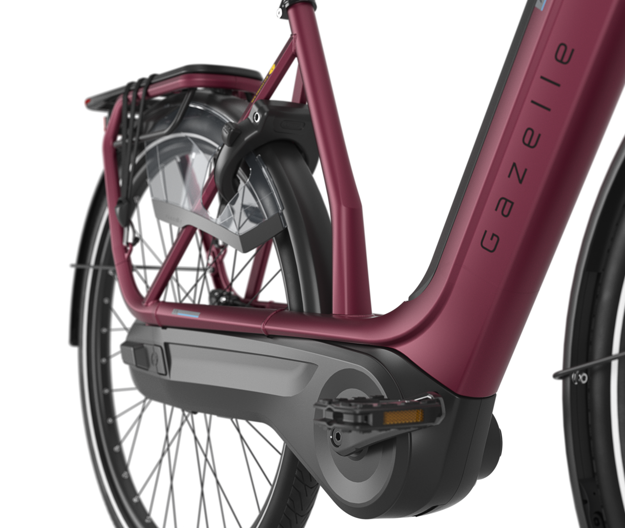 Stable frame with low, wide step-through Gazelle Avignon C8 HMB E-bike low-step coral red