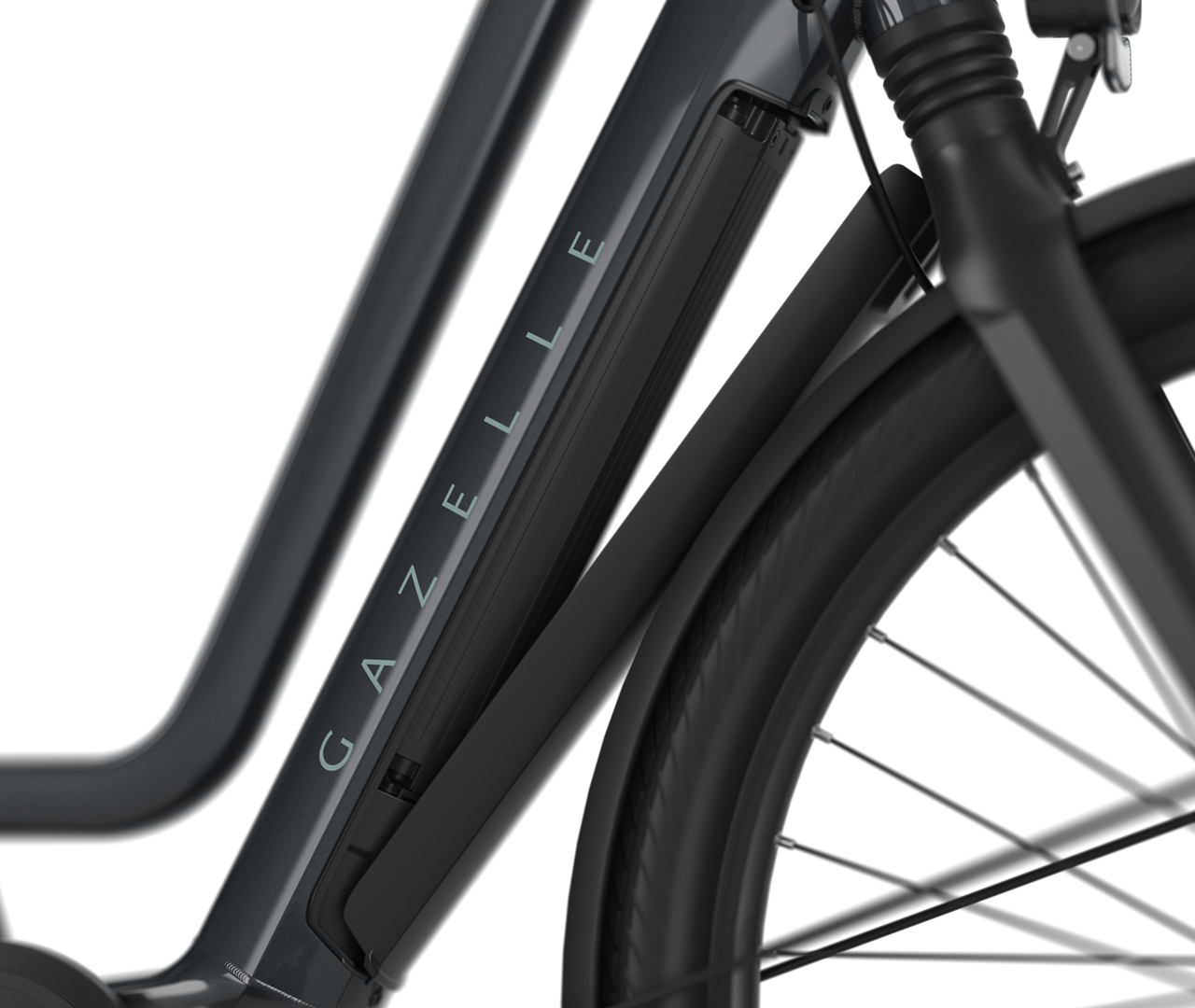 Intelligent battery integrated into the down tube Gazelle Chamonix T10 HMS E-bike low-step brewster grey