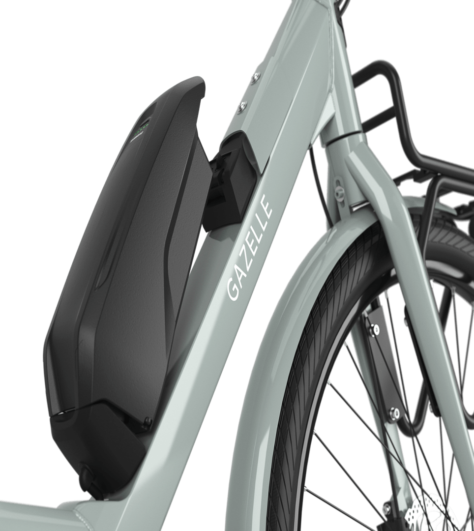 An intelligent battery on the down tube Gazelle Bloom C7 E-bike low-step light olive