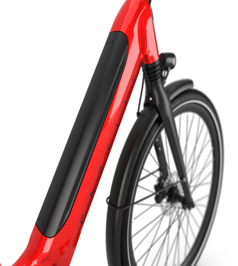 An award-winning frame Gazelle Gazelle Ultimate C8 E-bike low-step champion red