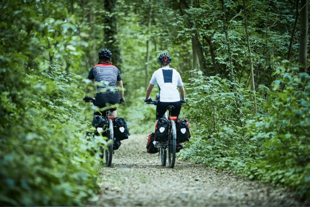 To mennesker på cykler i skoven | Elcykelferien