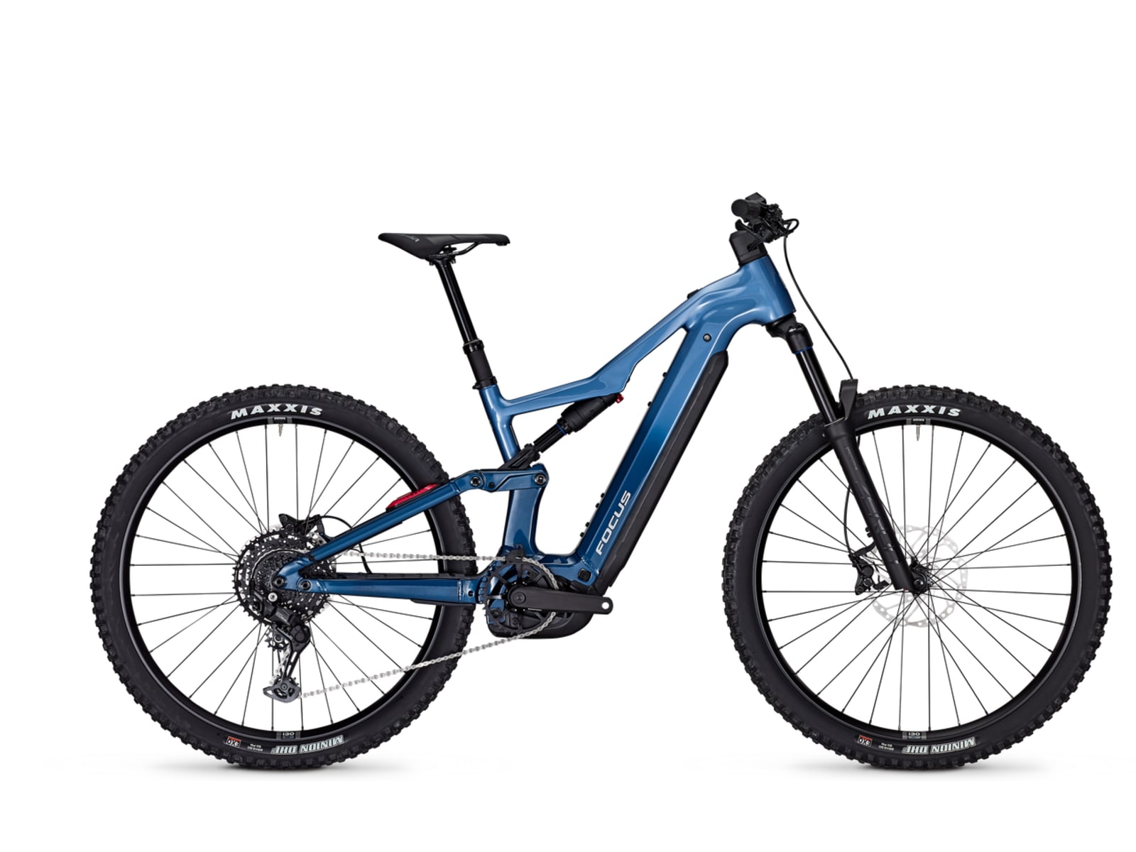 Focus Thron2 6.7 full suspension e-MTB, side profile on white background