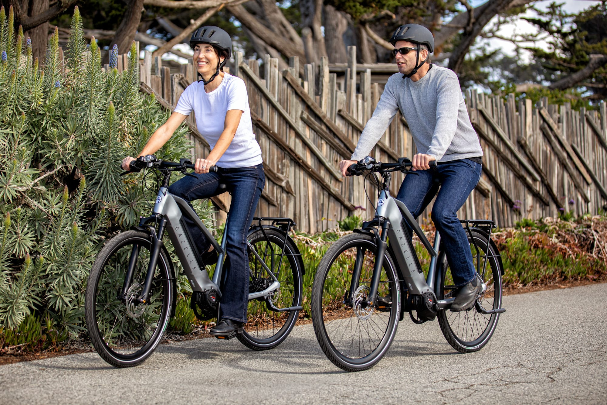 man and woman riding gazelle ebikes