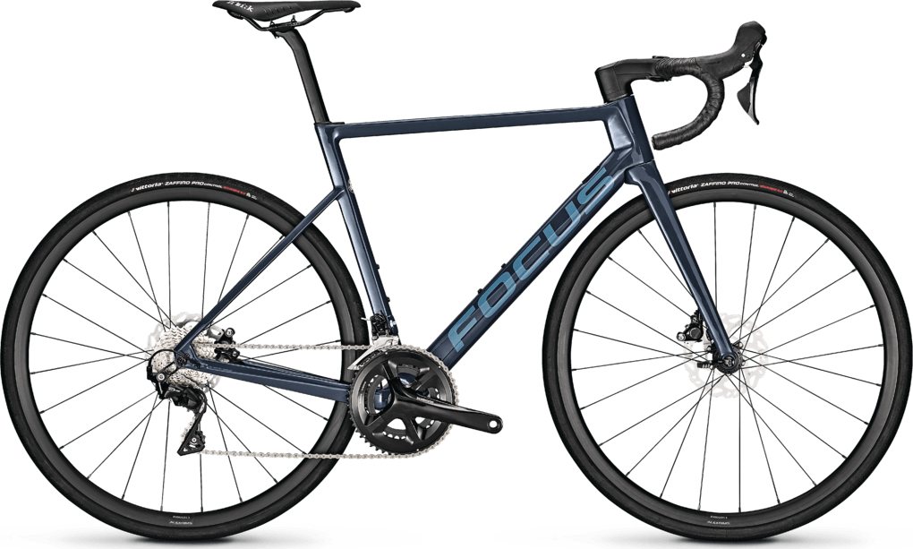 Dark blue Focus Izalco Max 8.7 carbon road bike with Shimano 105 groupset and hydraulic disc brakes.